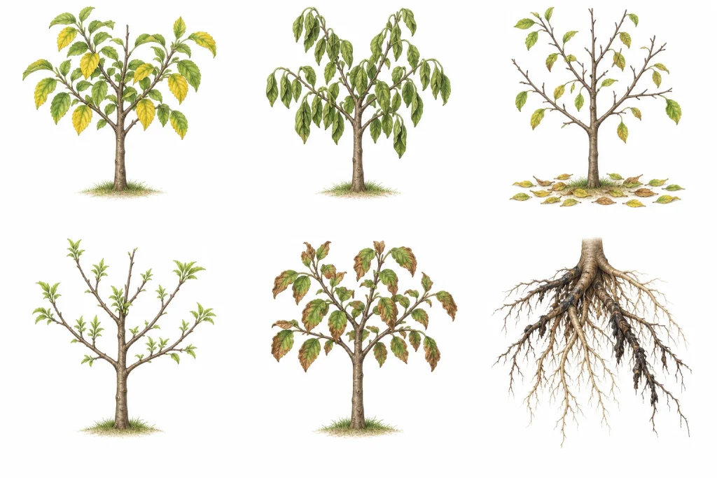 Illustration of six possible overwatered apple tree symptoms: yellowing, wilting, leaf drop, sparse growth, browning, and deteriorating roots.