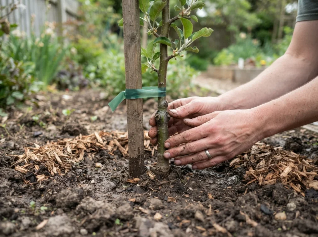 Planting an MM106 apple tree with graft union above soil and temporary stake
