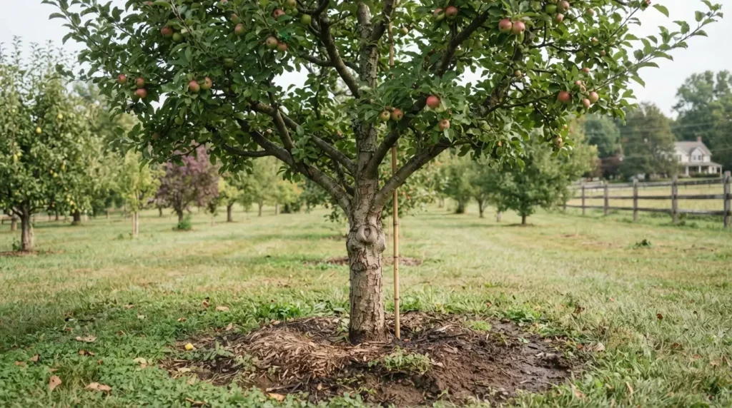 MM106 rootstock apple tree growing in a backyard orchard
