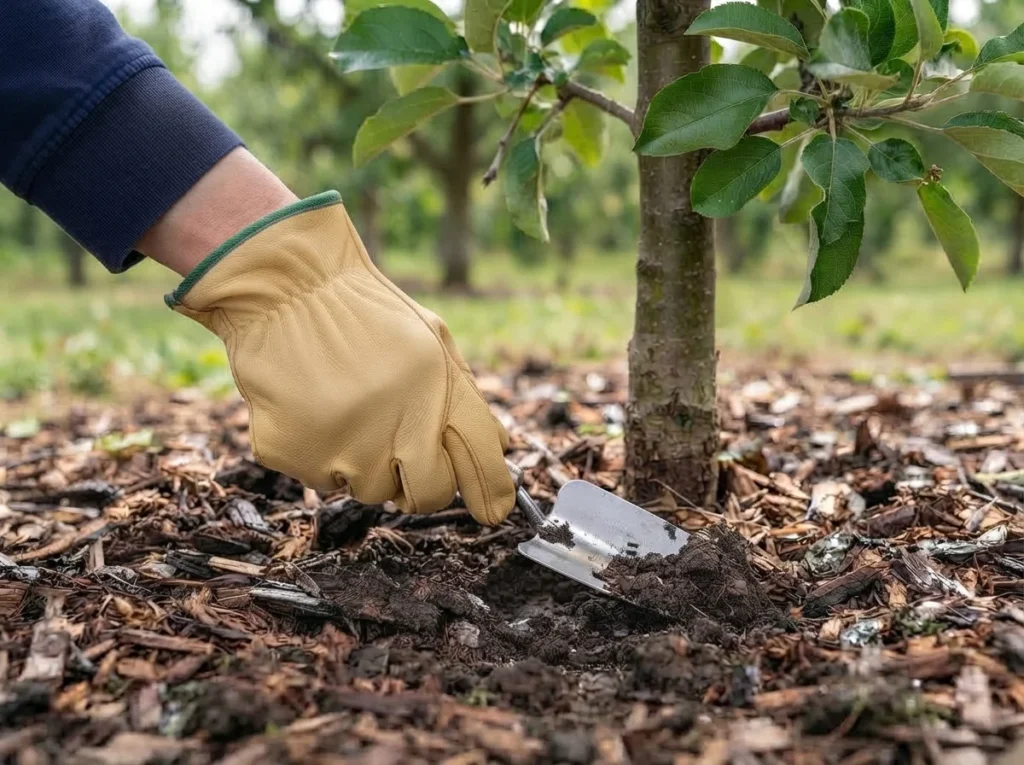 Apple tree watering check showing soil moisture