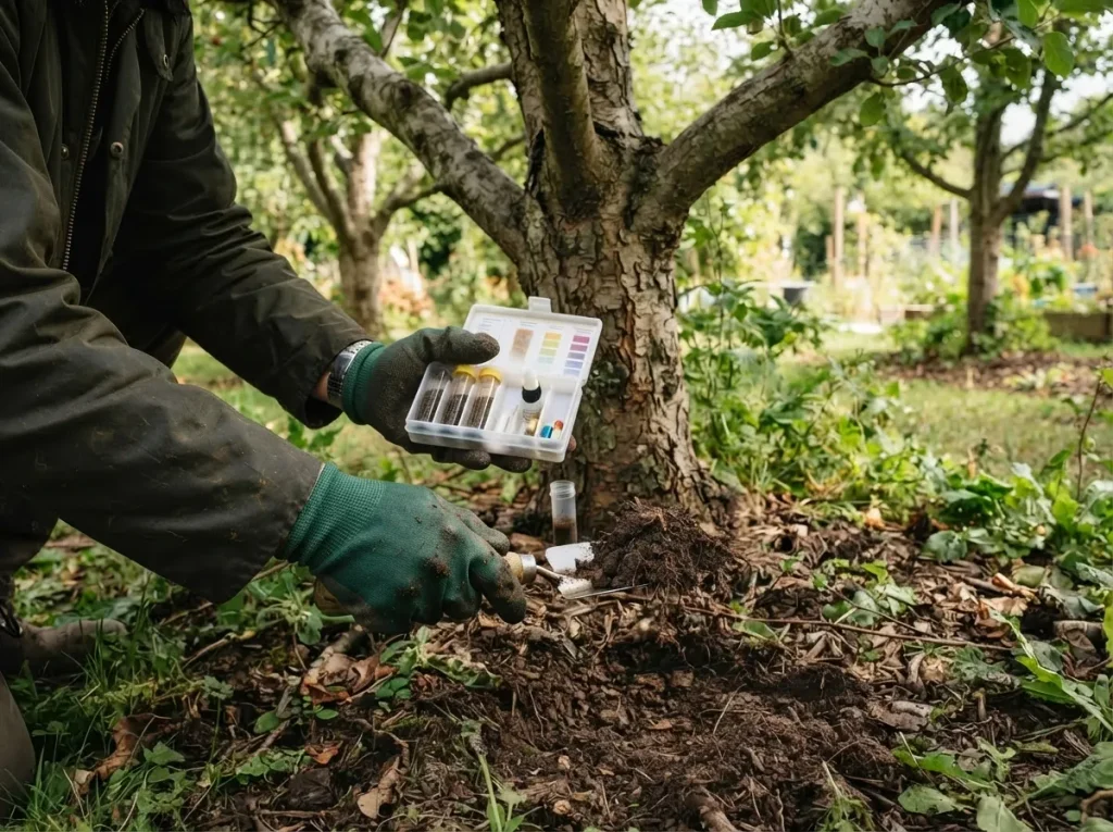 soil test kit being used near an apple tree to check nutrient levels before fertilizing