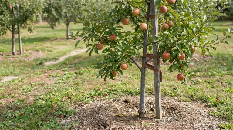 Compact fruiting tree with a wooden support post in a guide to apple tree rootstocks.