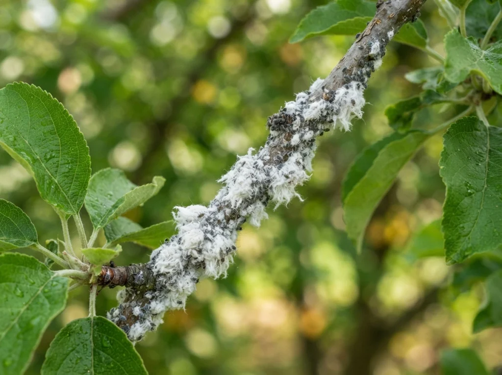 Woolly apple aphid colony with white wax around an apple branch pruning wound