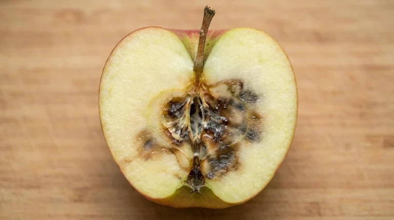 codling moth apple tree: brown frass plugging an entry hole on a ripening apple