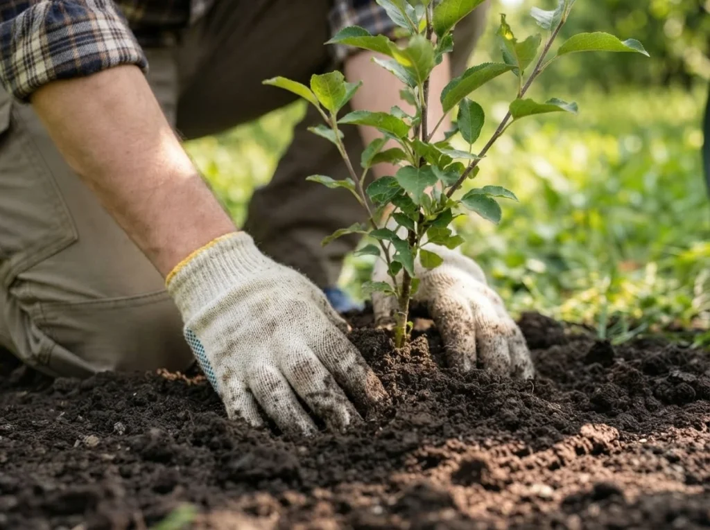 young apple tree seedling outdoors — transplanted seedling in garden bed with mulch