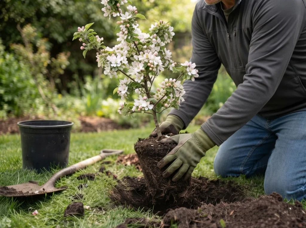 young crabapple tree planting mulch