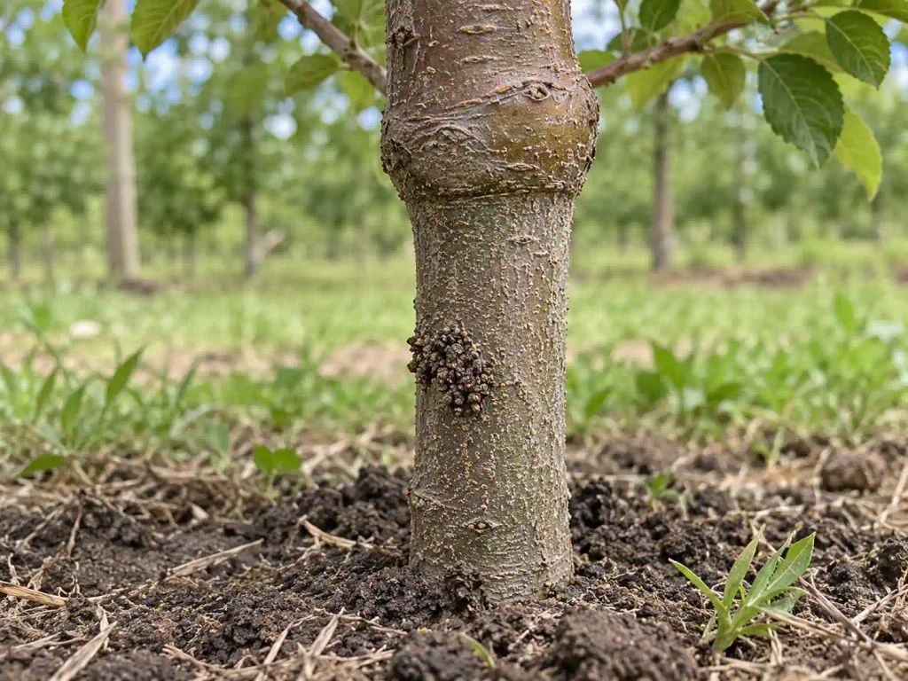 Burr knots on exposed apple rootstock inspected for apple tree borer activity.