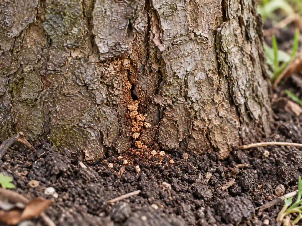 Reddish-brown frass near the trunk base at a possible apple tree borer feeding site.