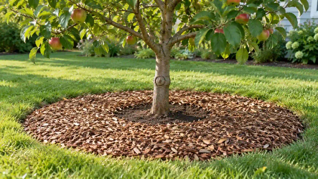 Mulch kept clear of the trunk to allow apple tree borer inspections.
