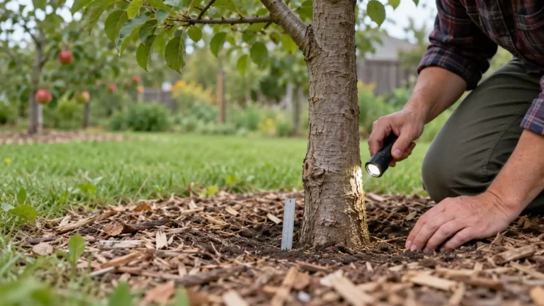 Gardener inspecting the lower trunk and graft union for apple tree borer activity.