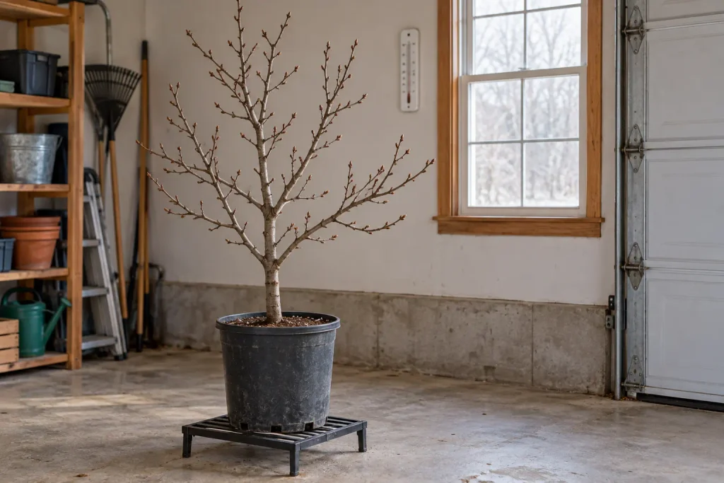Potted tree during apple tree dormancy in an unheated garage with a thermometer nearby.