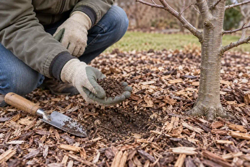 Gardener checking soil moisture beside a young tree during apple tree dormancy.