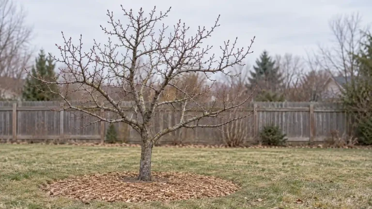 Apple tree dormancy in a backyard, with bare branches and a mulch ring around the base.