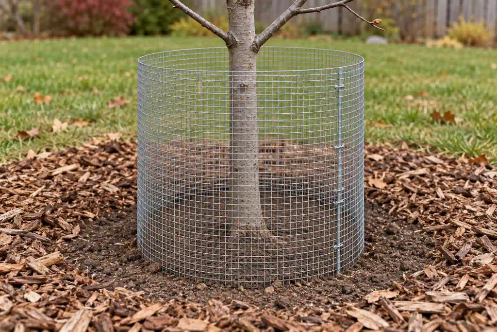 Fine wire mesh guard with space around the trunk for apple tree winter care.
