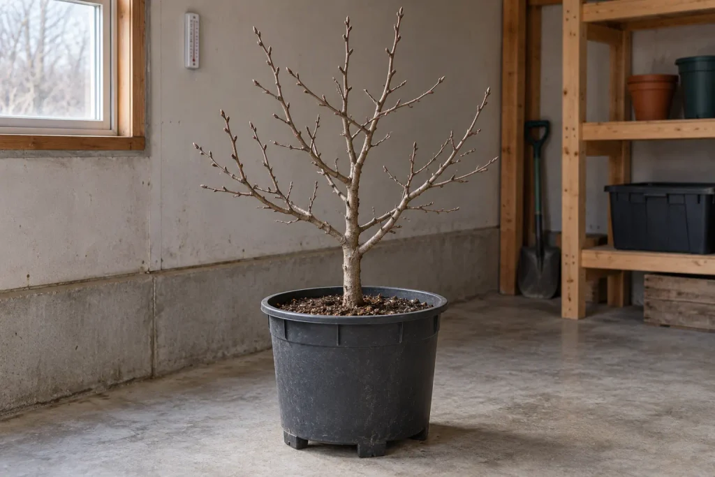 Dormant potted tree in an unheated garage for apple tree winter care.