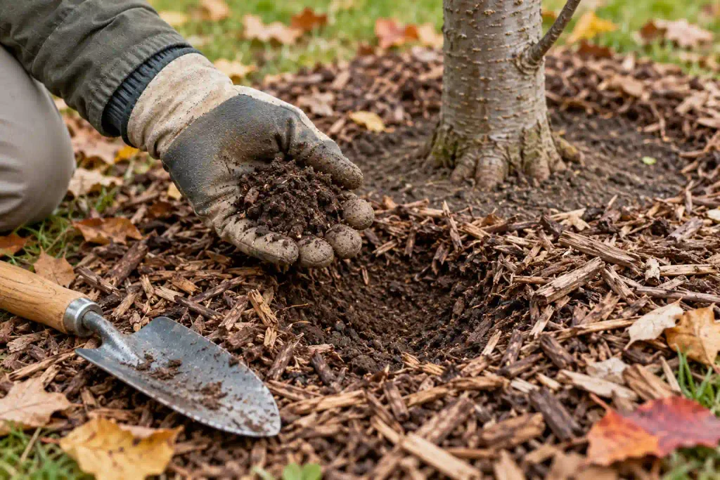 Gardener checking soil beneath the mulch as part of apple tree winter care.