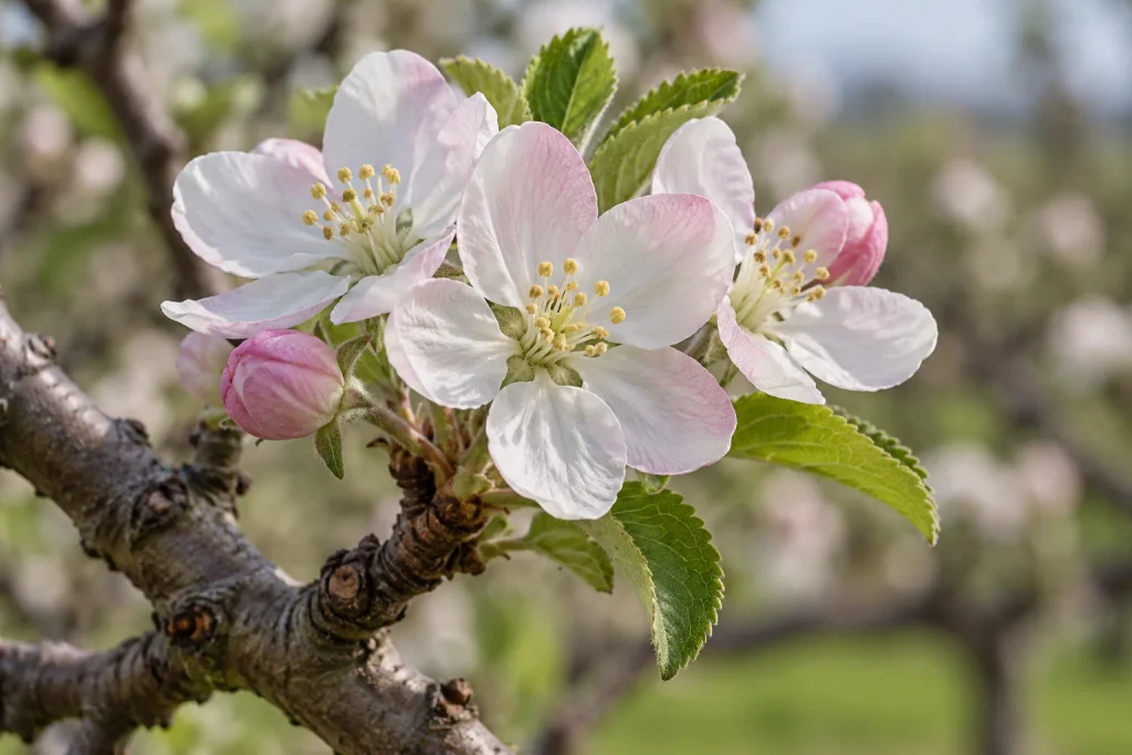 Open apple blossoms illustrating spring frost risks after apple tree winter care.