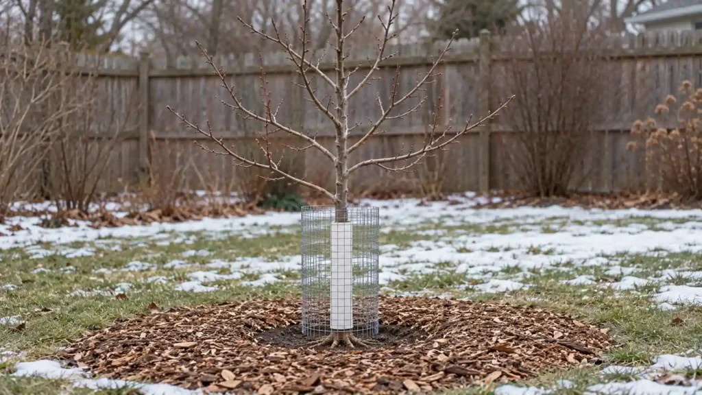 Apple tree winter care with a white trunk guard, wire protection, and mulch clear of the bark.