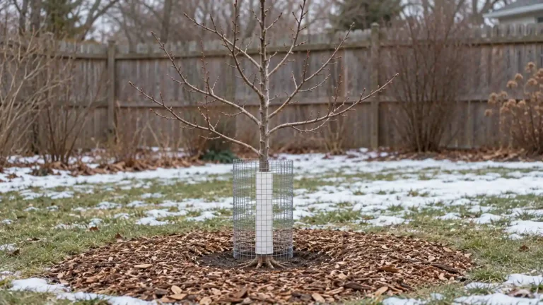 Apple tree winter care with a white trunk guard, wire protection, and mulch clear of the bark.