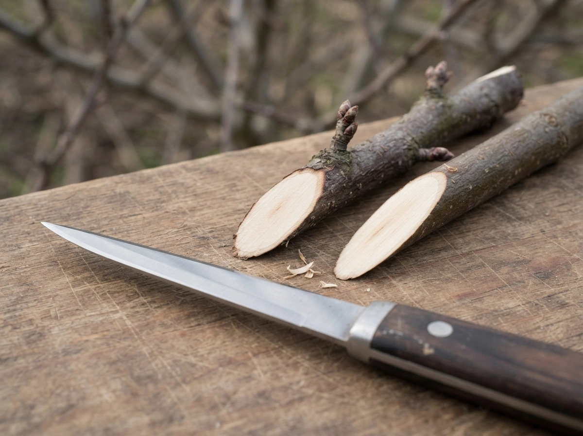 best grafting tools for apple trees with grafting knife beside prepared apple scion and rootstock
