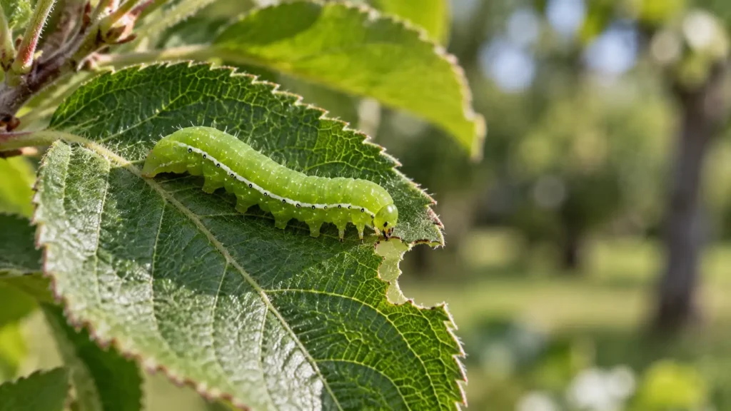 caterpillars on apple trees feeding on a green leaf with visible chewing damage
