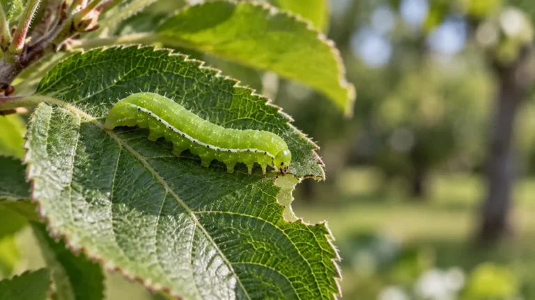 caterpillars on apple trees feeding on a green leaf with visible chewing damage