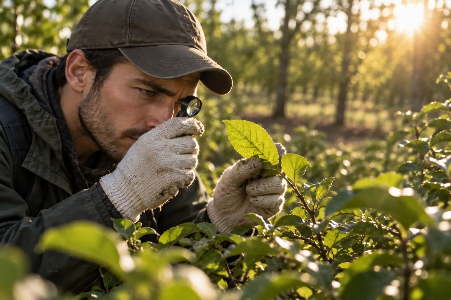 Gardener inspecting caterpillars on apple trees and checking leaves for feeding damage