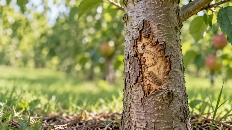 Conceptual flatheaded apple tree borer damage showing cracked bark on a young apple tree.