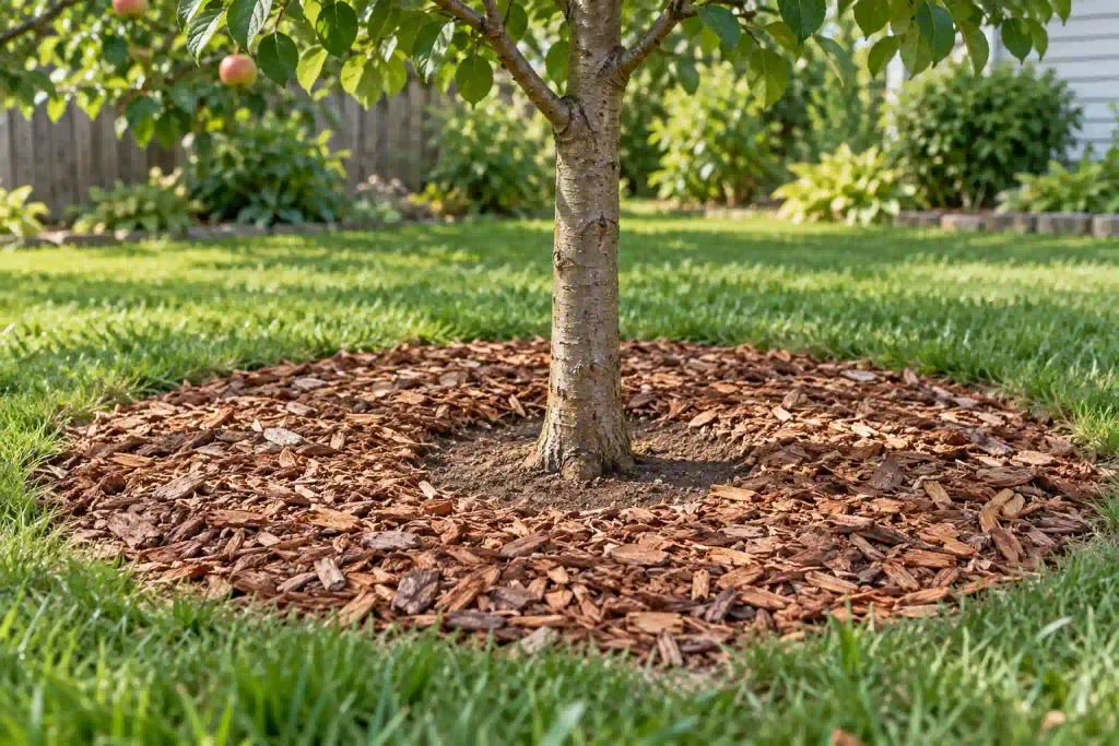 Clear apple-tree trunk base with mulch kept away from the bark for flatheaded apple tree borer prevention.