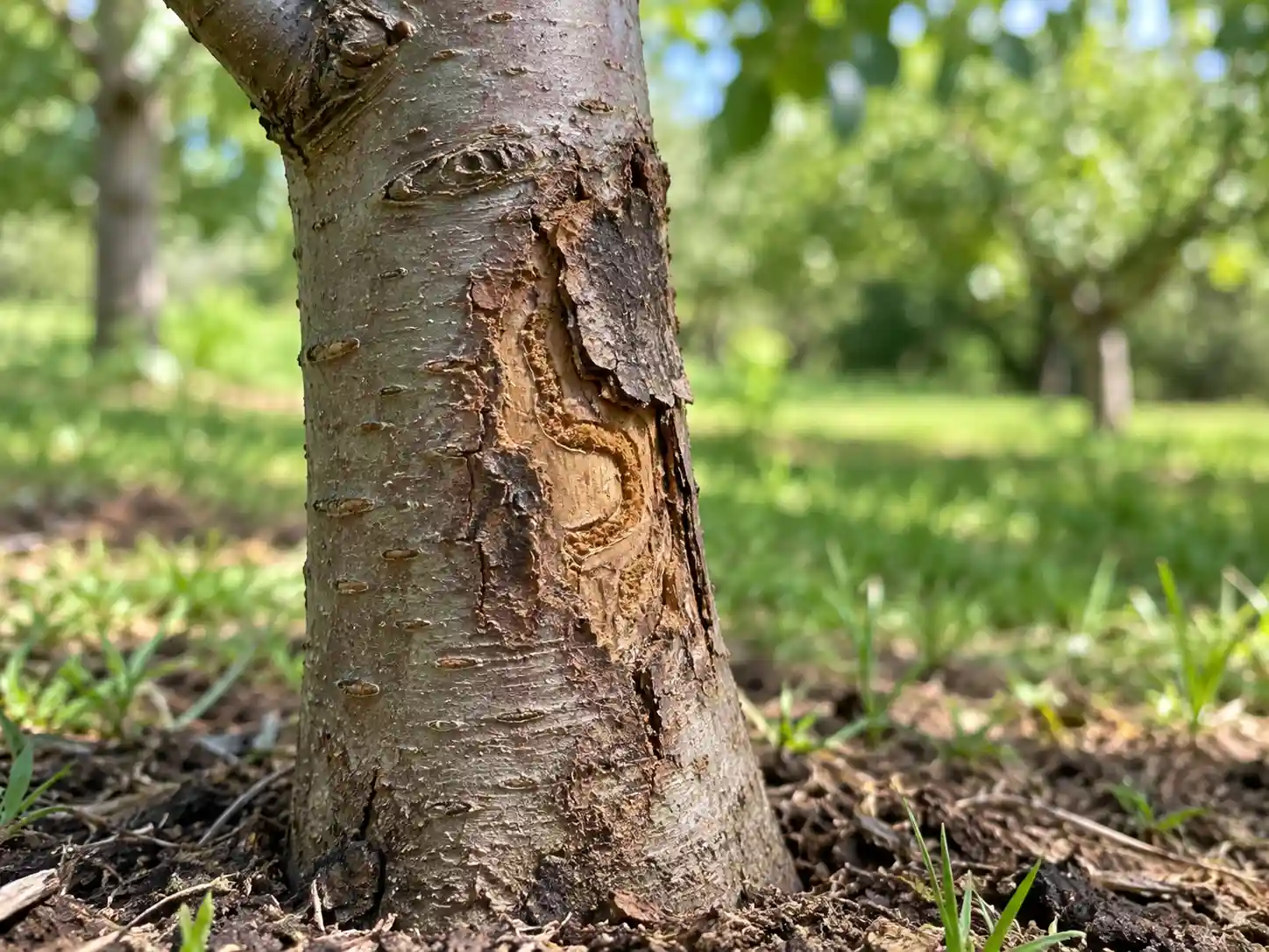 Conceptual flatheaded apple tree borer damage showing cracked apple-tree bark and winding galleries.