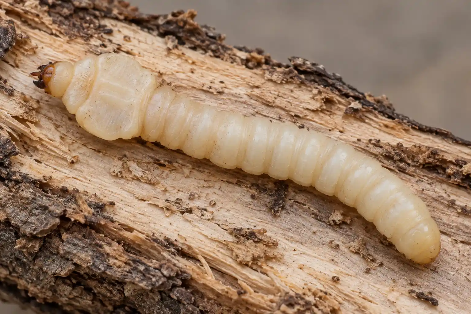 AI-generated flatheaded apple tree borer larva showing a broad flattened thorax behind its small head.