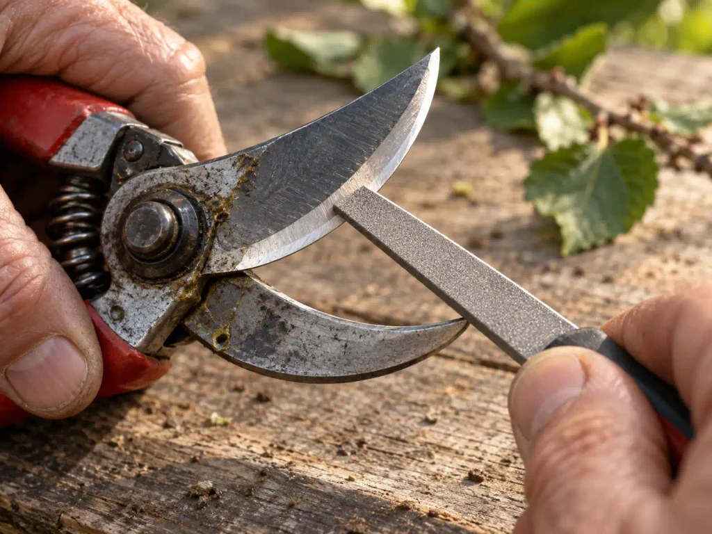 how to sharpen pruning shears by following the blade bevel