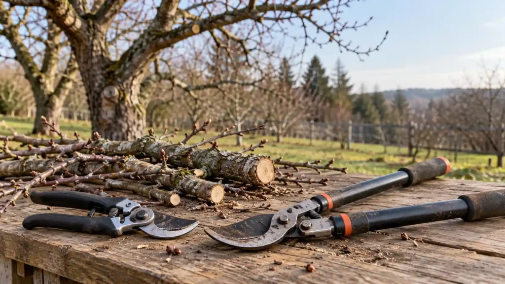 pruning shears vs loppers beside an apple tree branch