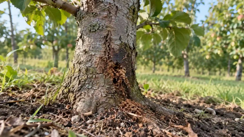 Roundheaded apple tree borer damage and frass on lower apple tree trunk