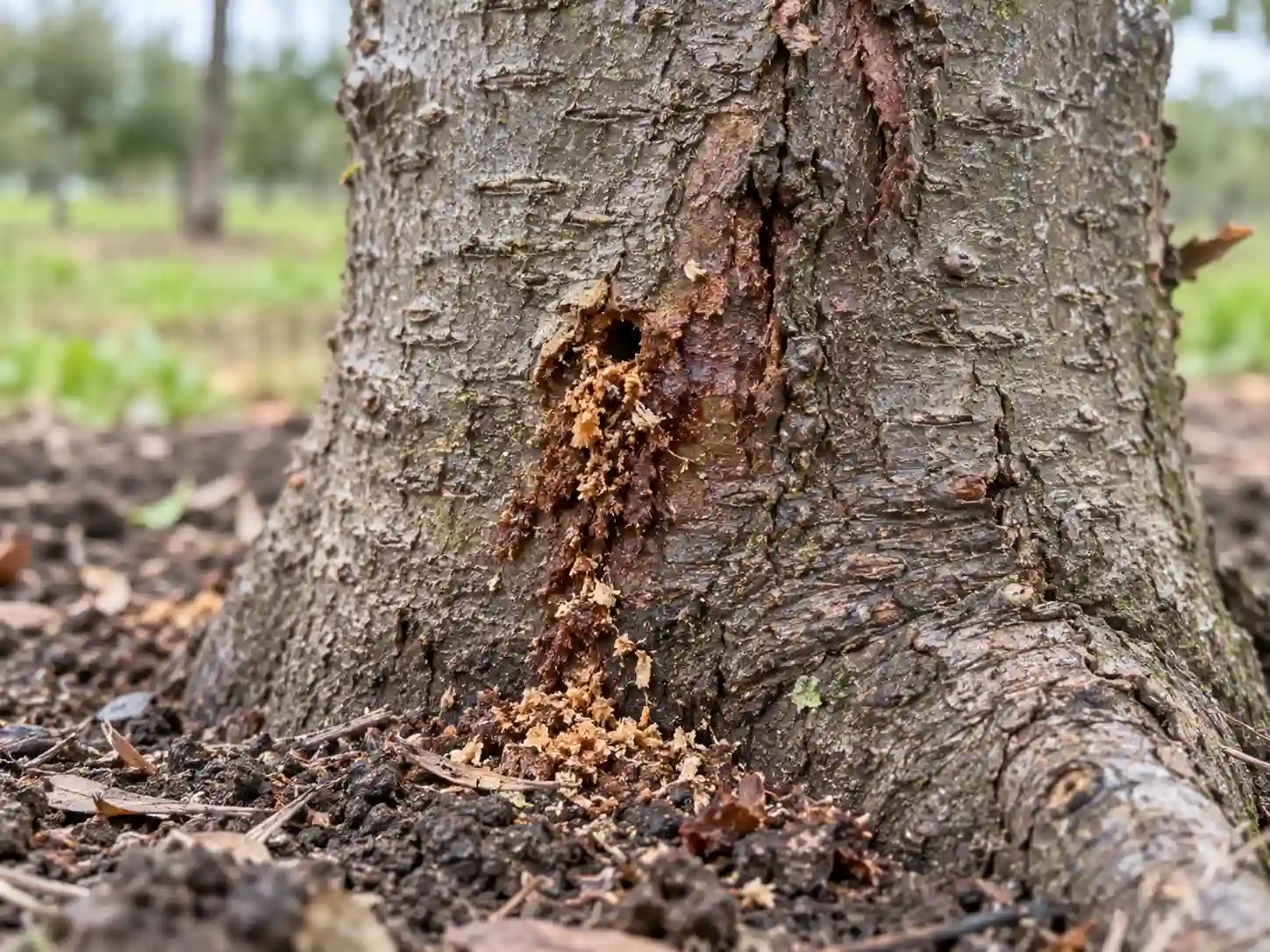 Roundheaded apple tree borer frass and small hole near the base of an apple tree