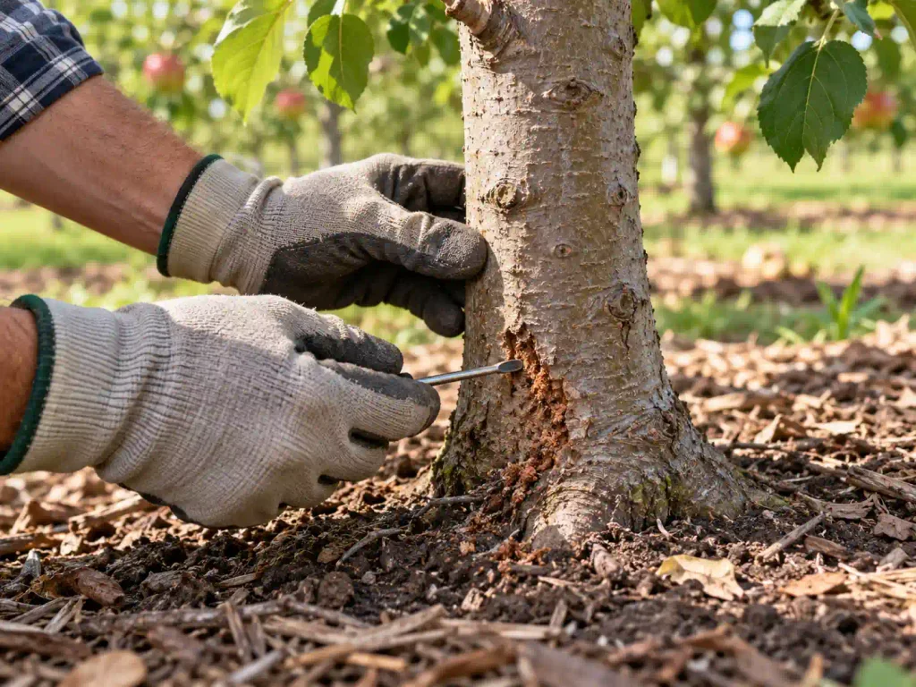 Roundheaded apple tree borer prevention with a clear trunk base and proper mulch spacing