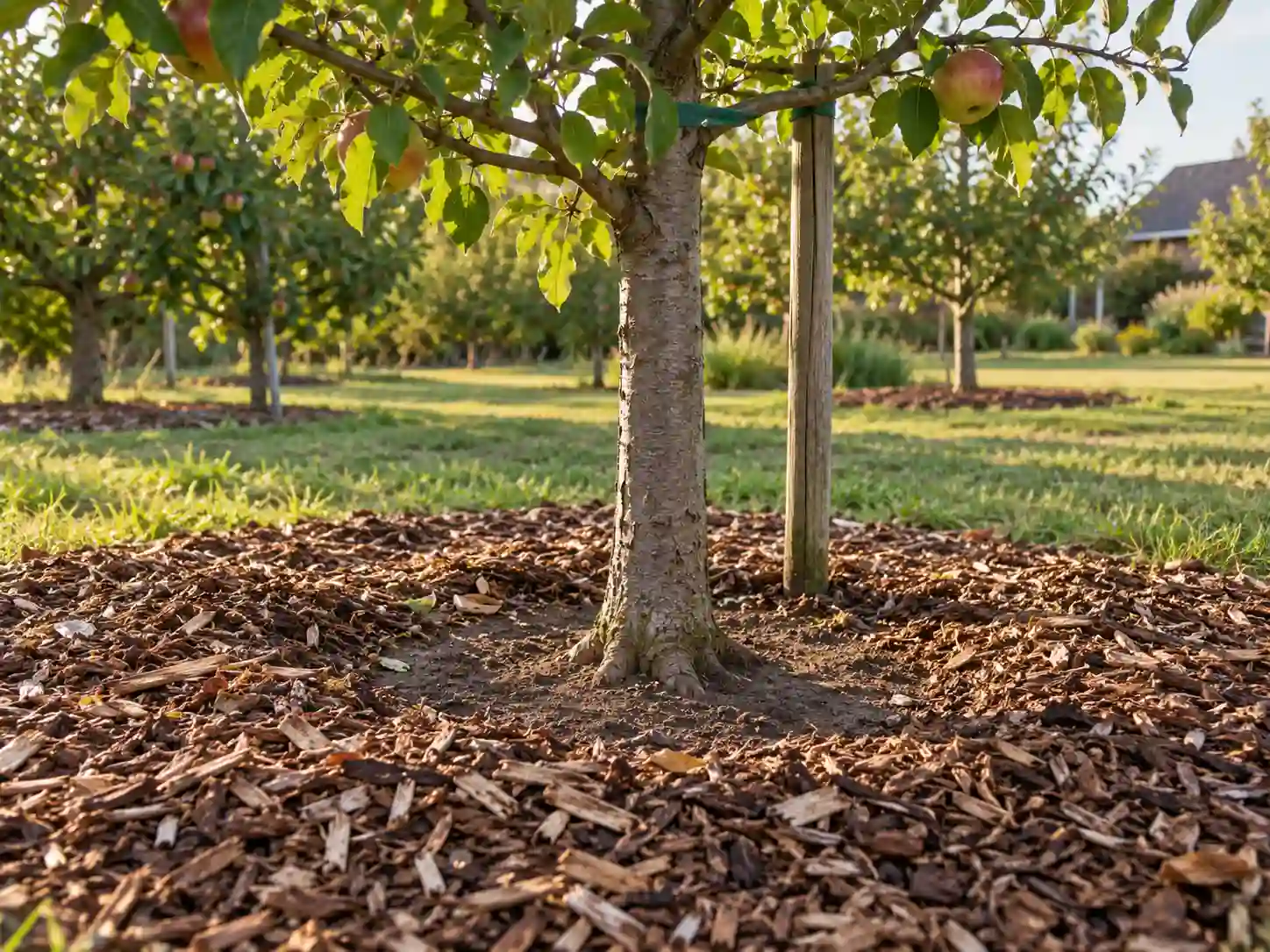 Roundheaded apple tree borer prevention with a clear trunk base and proper mulch spacing